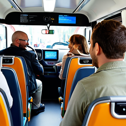 **A modern, electric bus interior filled with diverse passengers. The driver is smiling and interacting positively with a passenger. Focus on technological elements like digital displays and comfortable seating.** (Depicts positive communication and modern tech)