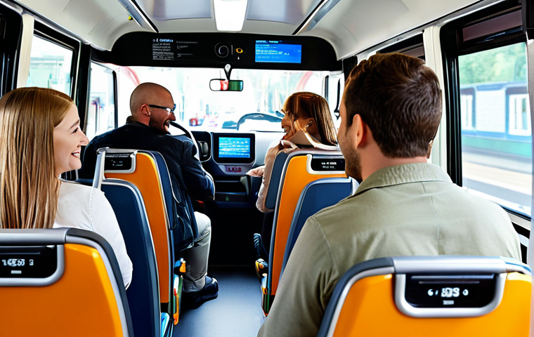**A modern, electric bus interior filled with diverse passengers. The driver is smiling and interacting positively with a passenger. Focus on technological elements like digital displays and comfortable seating.** (Depicts positive communication and modern tech)