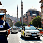 **Traffic police officer directing traffic at a busy Istanbul intersection, showing iconic landmarks in the background.**