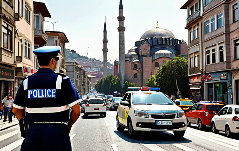 **Traffic police officer directing traffic at a busy Istanbul intersection, showing iconic landmarks in the background.**